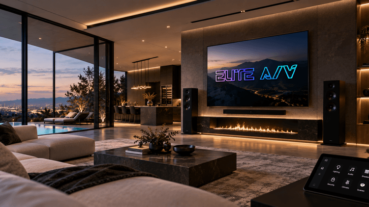 Luxurious modern living room with fireplace, large TV, and stunning city view at sunset