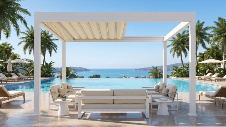 White retractable fabric pergola overlooking an infinity pool with ocean views and outdoor lounge seating.