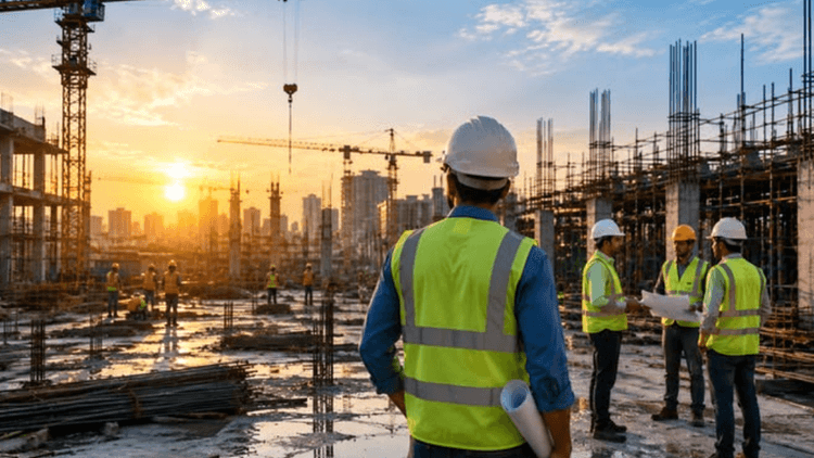 Construction workers in safety gear gather with plans at a large building site with cranes and structural framing.