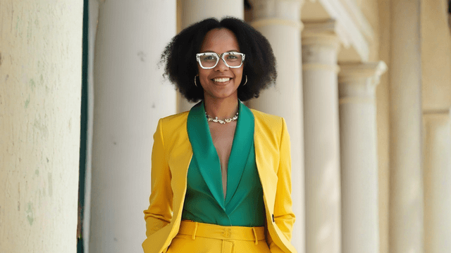 Professional woman in a vibrant yellow suit and green blouse smiling near elegant columns.