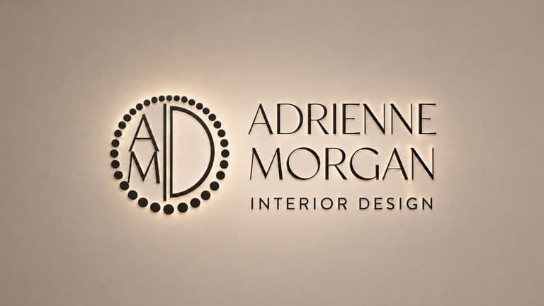 Adrienne Morgan Interior Design logo displayed on an illuminated office wall.
