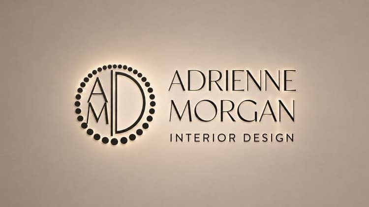 Adrienne Morgan Interior Design logo displayed on an illuminated office wall.